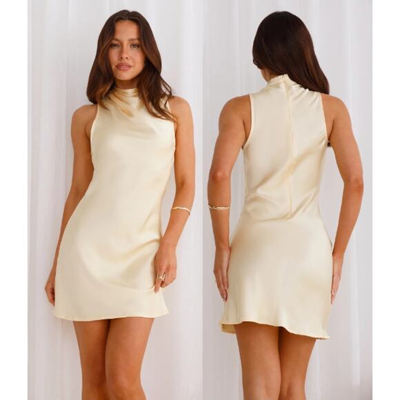 NWT Hello Molly Energising Vibe High Cowl Neck Satin Mini Dress Yellow Women's 6 - Picture 1 of 6